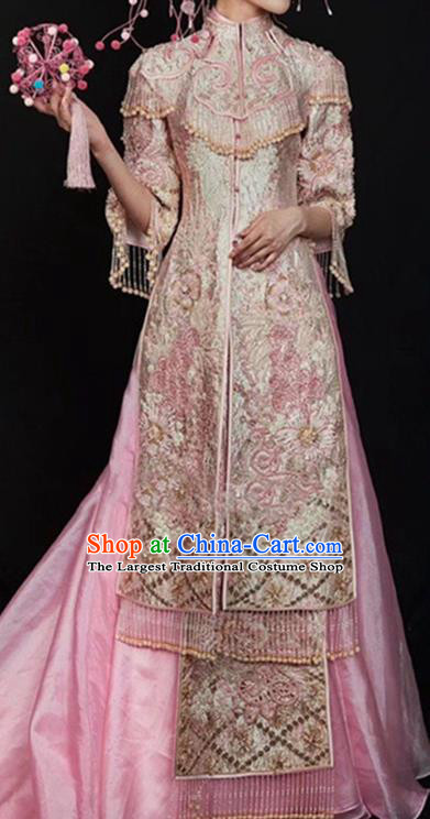 Chinese Bride Toasting Clothing Ancient Empress Garment Costumes Classical Wedding Xiuhe Suits Traditional Embroidered Pink Hanfu Dress