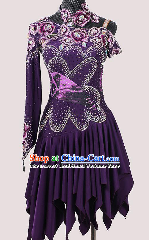 Top Latin Dance Costume Cha Cha Dance Deep Purple Dress Modern Dance Competition Clothing Ballroom Dance Fashion