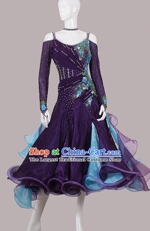 Professional International Dance Fashion Modern Dance Competition Clothing Waltz Performance Garment Costume Ballroom Dance Deep Purple Dress