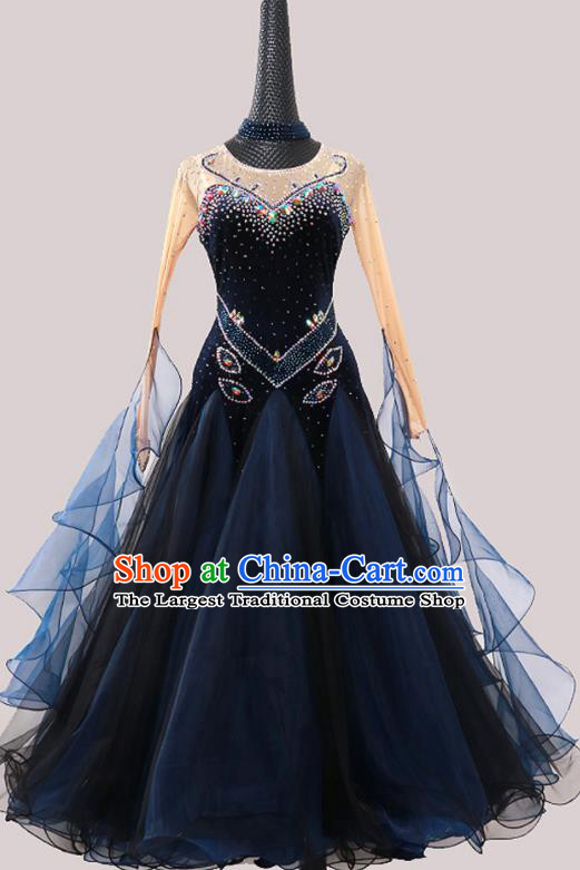 Custom Ballroom Dancing Clothing Waltz Dancewear Modern Dance Fashion Garment International Dance Navy Pleuche Dress