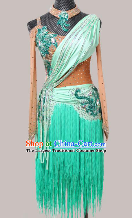 Top Modern Dance Competition Clothing Ballroom Dance Fashion Latin Dance Costume Cha Cha Dance Green Tassel Dress