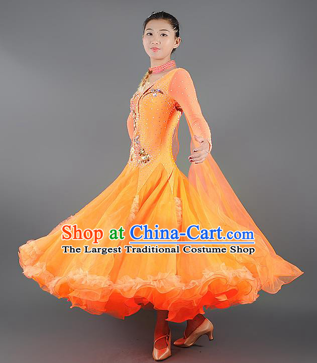 Custom Ballroom Dancing Orange Dress Modern Dance Clothing International Dance Garment Woman Waltz Performance Dancewear