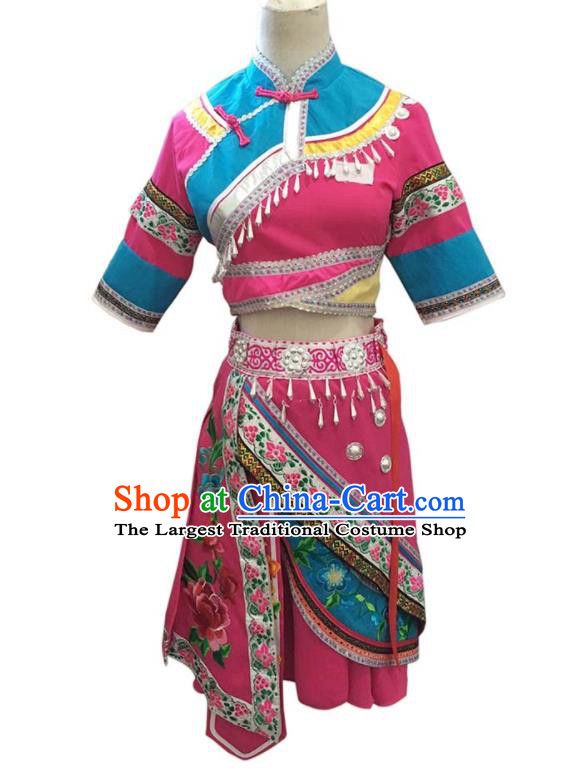 Chinese Zhuang Minority Woman Rosy Uniforms Guangxi Ethnic Performance Garment Costumes Yao Nationality Folk Dance Clothing