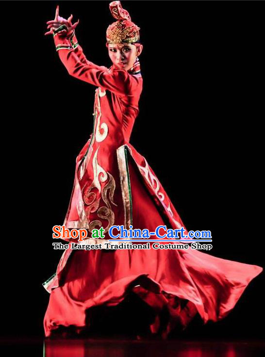 Chinese Mongolian Nationality Folk Dance Clothing Mongol Minority Woman Red Dress Uniforms Ethnic Performance Garment Costumes