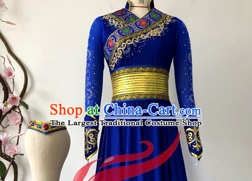 Chinese Mongol Minority Performance Garment Costumes Mongolian Nationality Woman Dance Clothing Ethnic Dance Royalblue Dress Uniforms