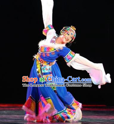 Chinese Zang Minority Performance Garment Costumes Tibetan Nationality Woman Dance Clothing Ethnic Dance Blue Dress Uniforms