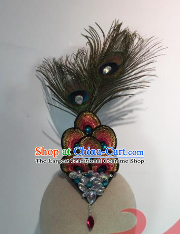 Top China Dai Nationality Stage Performance Headpiece Ethnic Peacock Dance Hair Accessories Yunnan Minority Female Dance Feather Hair Stick