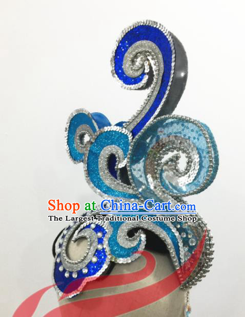 Top China Female Group Dance Blue Hair Crown Stage Performance Hat Headdress Classical Dance Hair Accessories