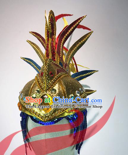 Top China Male Solo Dance Golden Hat Cosplay Sun King Hair Accessories Stage Performance Warrior Headdress