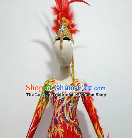 Top China Female Group Dance Red Feather Headpiece Classical Dance Hair Accessories Stage Performance Hair Crown