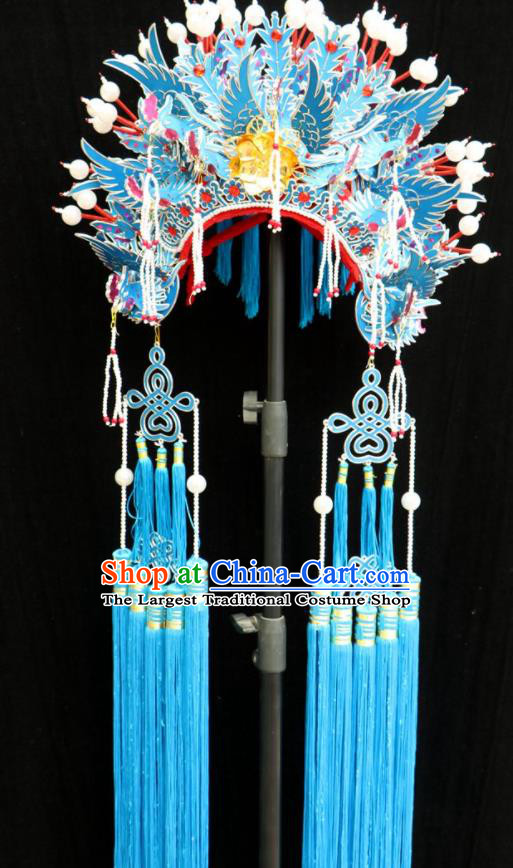 China Shaoxing Opera Empress Hat Beijing Opera Hua Tan Blue Phoenix Coronet Headdress Ancient Princess Helmet Hair Accessories