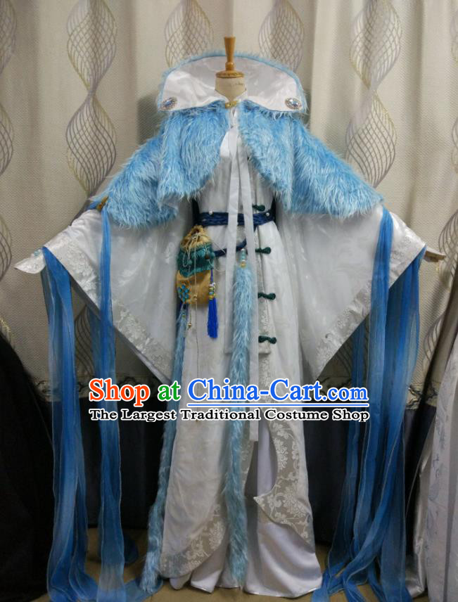 Chinese Ancient Taoist Priest White Robe Uniforms Traditional Cosplay King Clothing Puppet Show Swordsman Garment Costumes