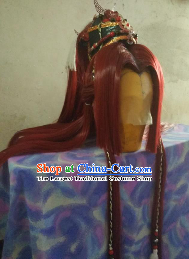 Handmade China Cosplay Young General Hairpieces Traditional Puppet Show Warrior Headdress Ancient Swordsman Red Wigs and Hair Crown