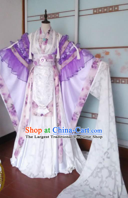 China Traditional Puppet Show Feng Cailing Garment Costumes Ancient Empress Clothing Cosplay Queen Water Sleeve Purple Dress Outfits