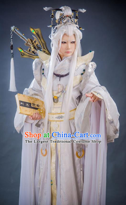 Chinese Ancient Swordsman White Uniforms Traditional Cosplay Young Childe Clothing Puppet Show Taoist Priest Jun Fengtian Garment Costumes