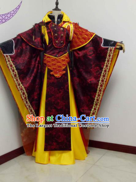 Chinese Ancient Monarch Wine Red Robe Uniforms Traditional Cosplay Swordsman King Clothing Puppet Show Chivalrous Emperor Garment Costumes