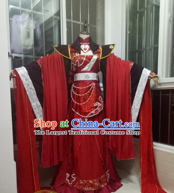 China Traditional Puppet Show Empress Garment Costumes Ancient Queen Clothing Cosplay Goddess Red Dress Outfits