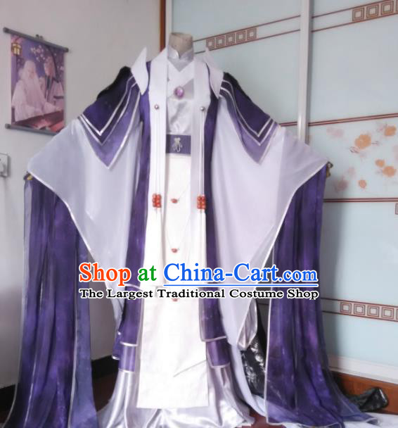 Chinese Puppet Show Royal Highness Garment Costumes Ancient Swordsman Purple Uniforms Traditional Cosplay Prince Clothing