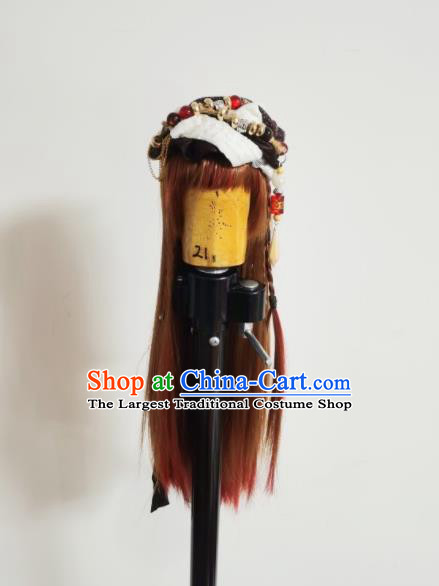 Chinese Ancient Goddess Headdress Traditional Puppet Show Swordswoman Hairpieces Cosplay Female Knight Brown Wigs and Hat