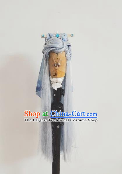 Handmade China Cosplay Taoist Priest Blue Wigs and Hair Crown Traditional Puppet Show Headdress Ancient Young Childe Hairpieces