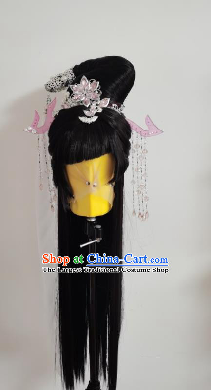 Chinese Cosplay Goddess Black Wigs and Hairpins Ancient Imperial Concubine Headdress Traditional Puppet Show Princess Hairpieces