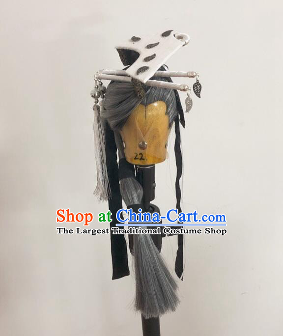 Handmade China Traditional Puppet Show Taoist Headdress Ancient Royal Duke Hairpieces Cosplay Swordsman Gray Wigs and Hair Crown