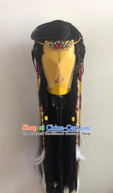 Handmade China Cosplay Swordsman King Wigs and Hair Accessories Traditional Puppet Show Royal Prince Headdress Ancient Knight Hairpieces