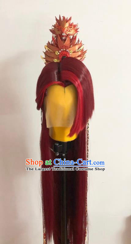 Handmade China Ancient Knight Hairpieces Cosplay Swordsman Red Wigs and Hair Accessories Traditional Puppet Show King Headdress