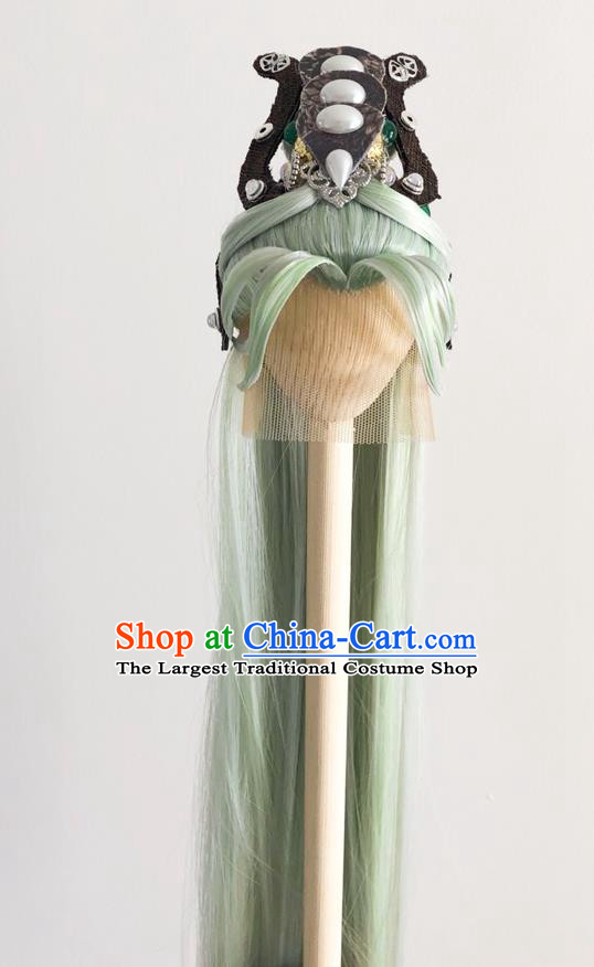 Handmade China Cosplay Noble Prince Green Wigs and Hair Crown Traditional Puppet Show Swordsman Mo Cangli Headdress Ancient Young Knight Hairpieces