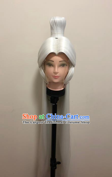 Handmade China Ancient Swordsman Headdress Cosplay Heaven King White Wigs Chignon Traditional Puppet Show Taoist Hairpieces