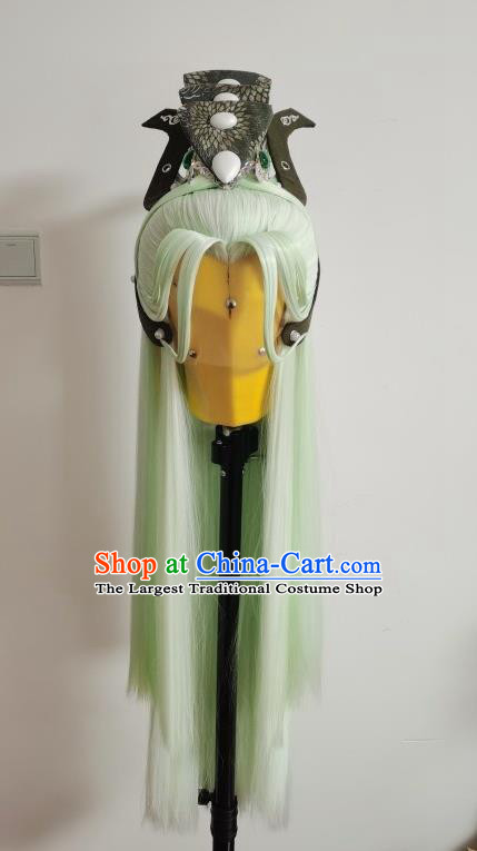 Handmade China Cosplay Taoist Priest Green Wigs and Hair Crown Traditional Puppet Show Mo Cangli Hairpieces Ancient Royal Prince Headdress