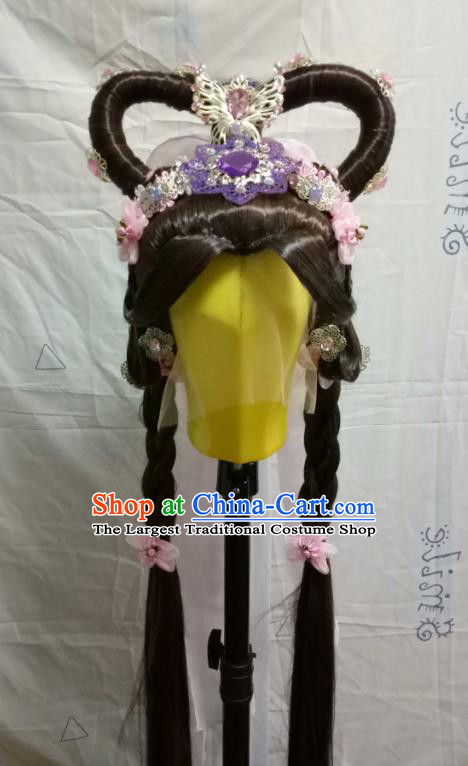 Chinese Traditional Puppet Show Swordswoman Yu Qinghuan Hair Accessories Cosplay Fairy Brown Wigs Chignon and Hairpieces Ancient Young Beauty Headdress