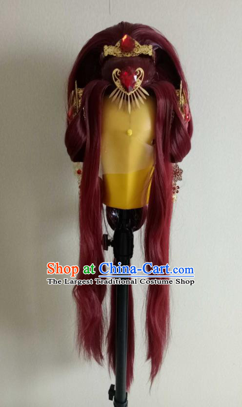 Chinese Ancient Young Beauty Headdress Traditional Puppet Show Goddess Hair Accessories Cosplay Queen Wine Red Wigs Chignon and Hairpieces