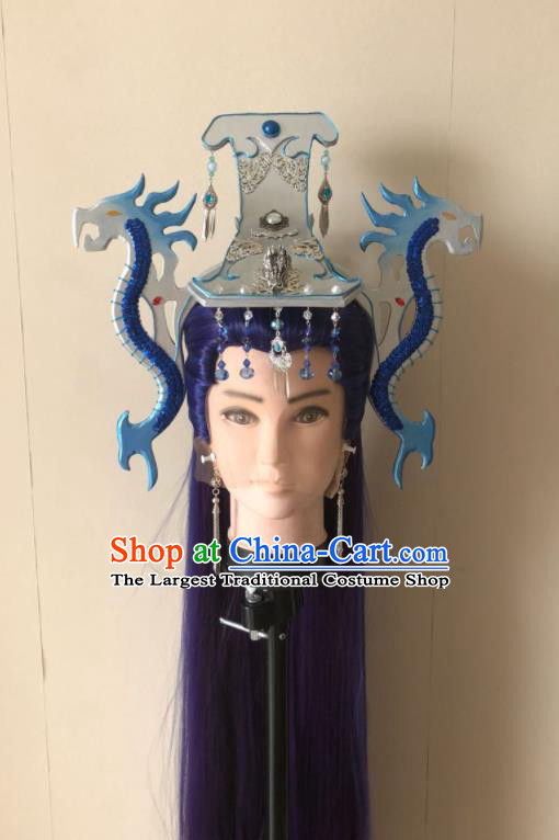 Handmade China Traditional Puppet Show Swordsman Xuan Bin Hairpieces Ancient General Headdress Cosplay Dragon Prince Purple Wigs and Hair Crown