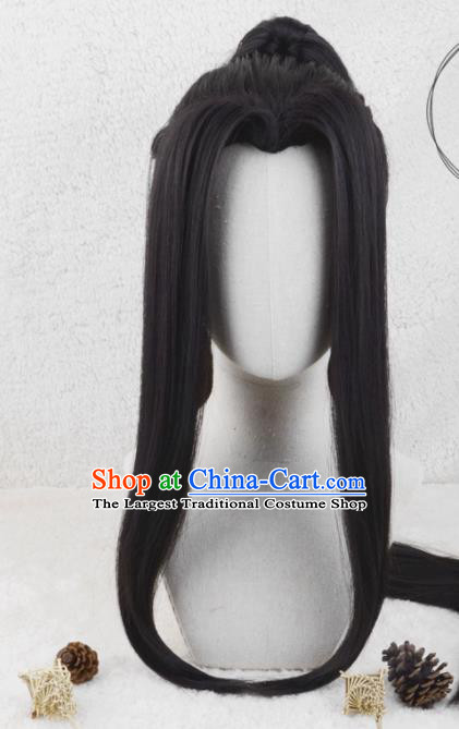 Handmade China Traditional Qin Dynasty Prince Hairpieces Ancient Noble Childe Headdress Cosplay Swordsman Black Wigs