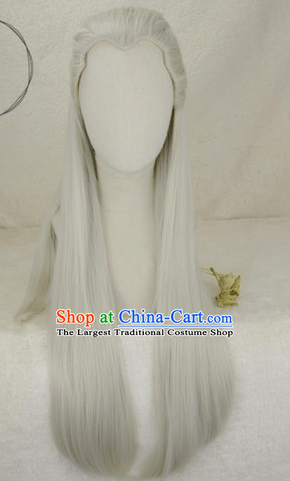 Handmade China Traditional Hanfu Young Childe Hairpieces Ancient Crown Prince Headdress Cosplay Swordsman Gray Wigs