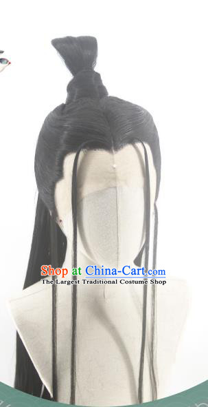 Handmade China Cosplay Young Childe Black Wigs Traditional Hanfu Knight Hairpieces Ancient Swordsman Headdress