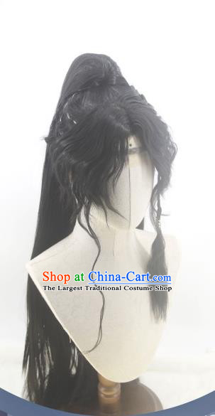 Handmade China Ancient Young Swordsman Headdress Cosplay Royal Prince Black Curly Wigs Traditional Hanfu Knight Hairpieces