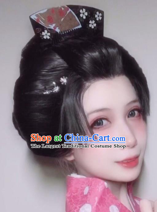 Chinese Ancient Young Woman Wigs Headwear Traditional Tang Dynasty Imperial Consort Hairpieces Cosplay Geisha Hair Accessories