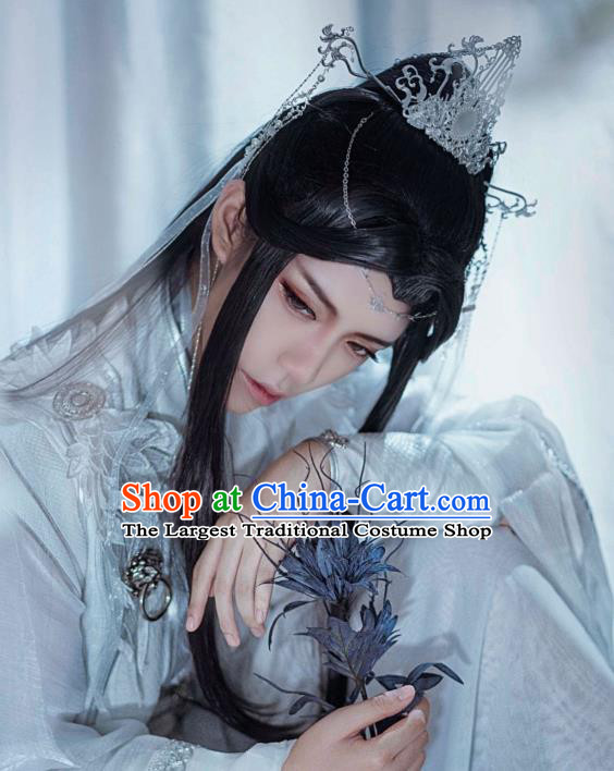 Handmade China Ancient Crown Prince Headdress Cosplay Swordsman Black Wigs Traditional Heaven Official Blessing Xie Lian Hairpieces