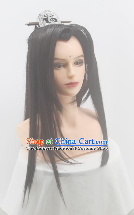 Handmade China Cosplay Young Hero Black Wigs Traditional Qin Dynasty Male Hairpieces Ancient Swordsman Headdress