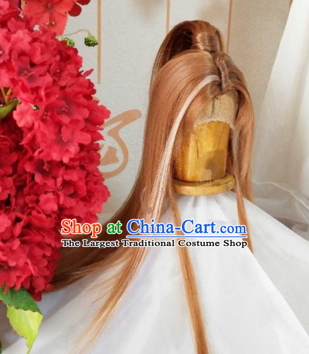 Handmade China Ancient Chivalrous Swordsman Headdress Cosplay Kawaler Golden Wigs Traditional Puppet Show Feng Xiaoyao Hairpieces