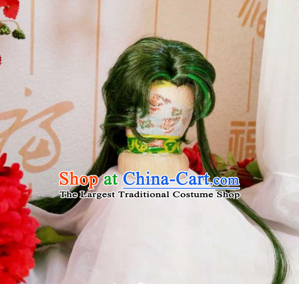 Handmade China Ancient Young Swordsman Headdress Cosplay Demon Prince Green Wigs Traditional Puppet Show Knight Mo Luo Hairpieces