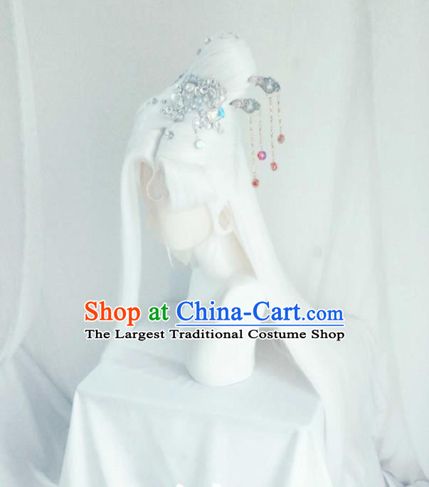 Chinese Cosplay Goddess Hair Accessories Ancient Empress White Wigs Headwear Traditional Puppet Show Ji Wuxia Hairpins Hairpieces