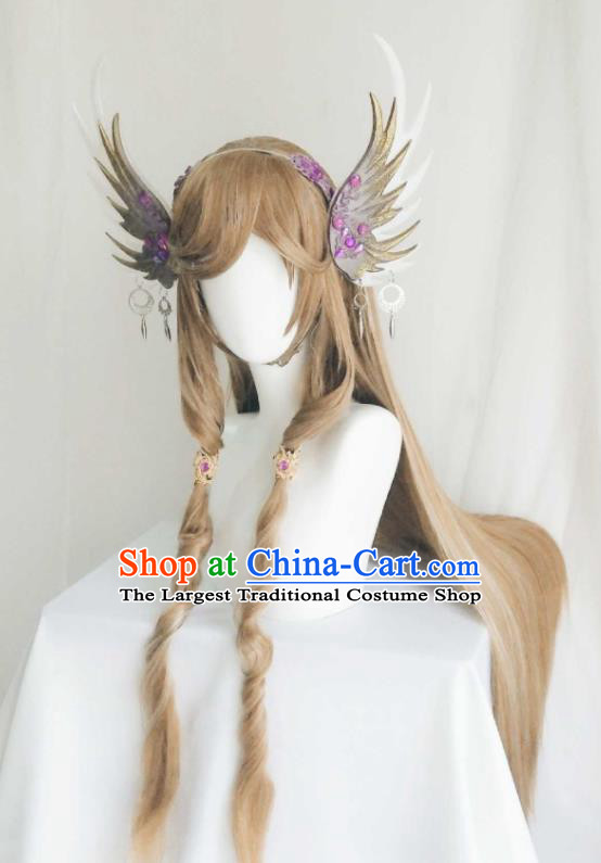 Chinese Traditional Puppet Show Fairy Princess Hairpins Hairpieces Cosplay Swordswoman Hair Accessories Ancient Young Lady Brown Wigs Headwear