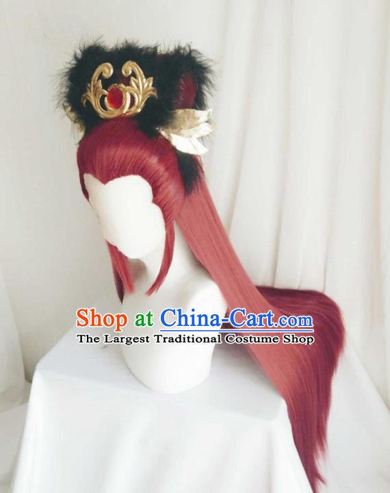 Handmade China Cosplay Childe Red Wigs and Hair Crown Traditional Puppet Show Gongsun Yue Hairpieces Ancient Royal Prince Headdress