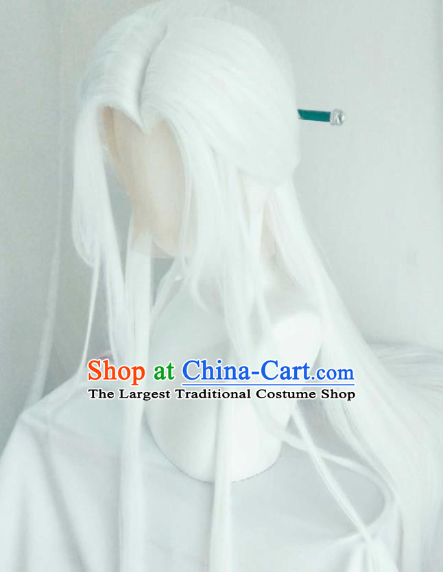 Handmade China Cosplay Swordsman White Wigs Traditional Puppet Show Su Huanzhen Hairpieces Ancient Taoist Priest Headdress