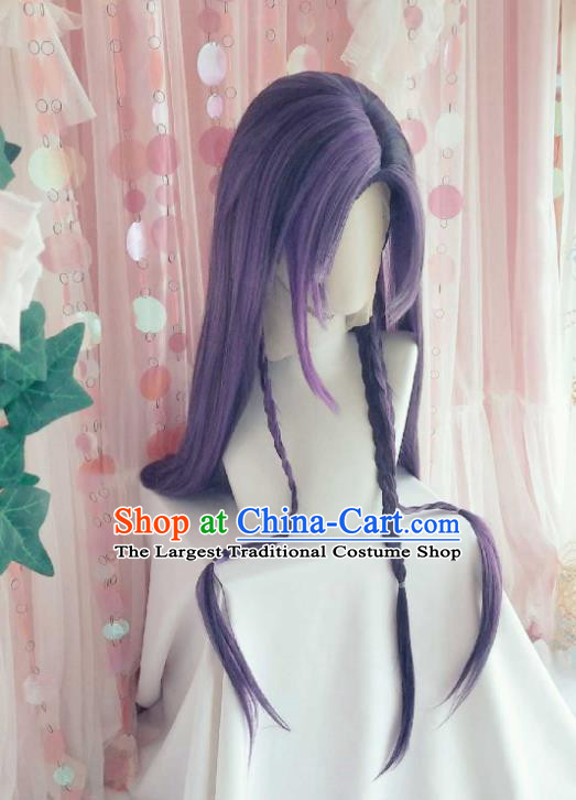 Handmade China Traditional Puppet Show Prince Hairpieces Ancient King Headdress Cosplay Swordsman Purple Wigs