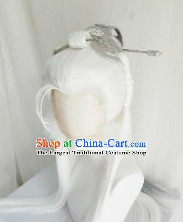 Handmade China Ancient Taoist Headdress Cosplay Swordsman White Wigs and Hair Crown Traditional Puppet Show Immortal Hairpieces