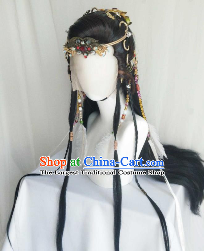 Handmade China Ancient Royal Prince Headdress Cosplay Noble King Black Wigs and Hair Crown Traditional Puppet Show Swordsman Hairpieces